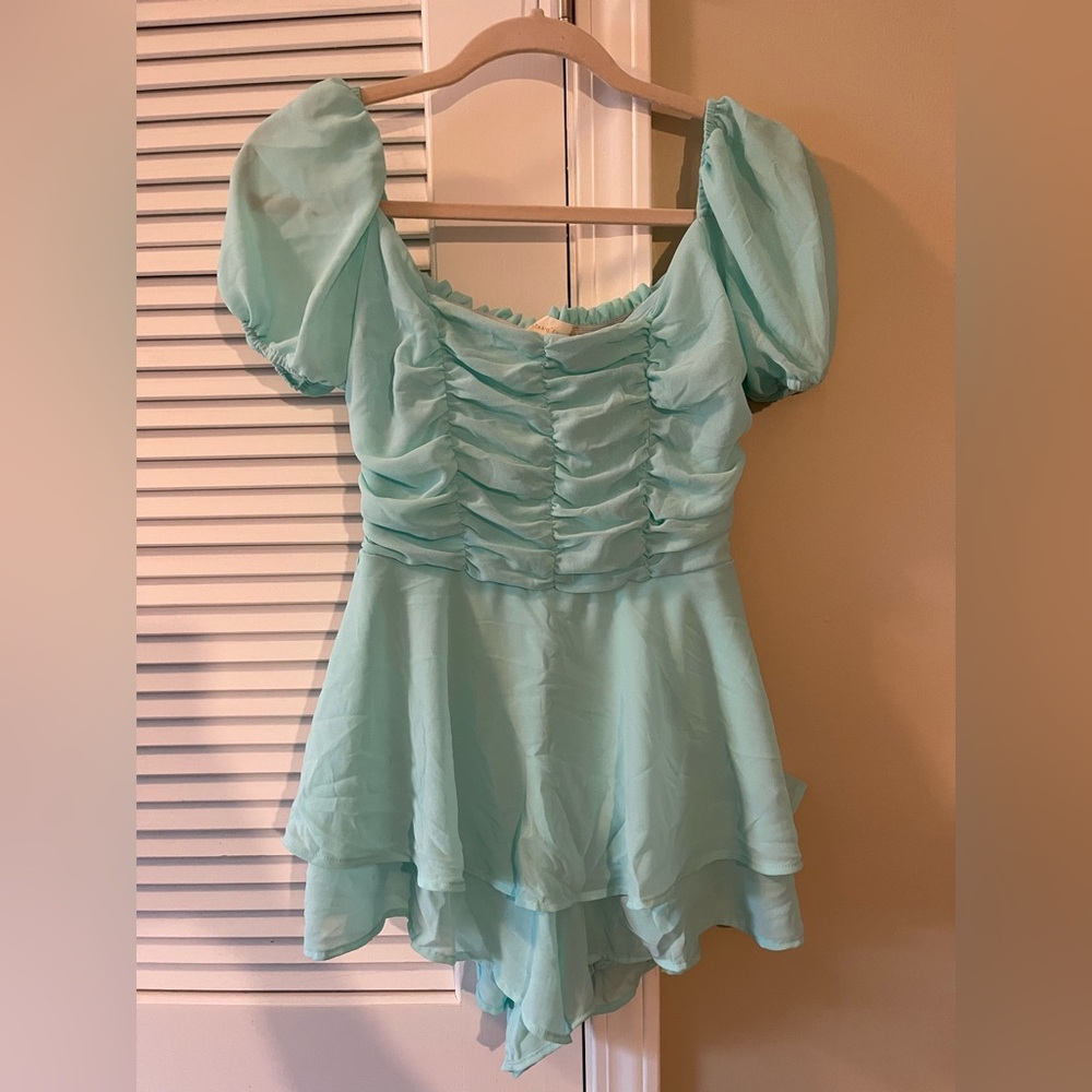 Light Blue Ruched Peplum Romper